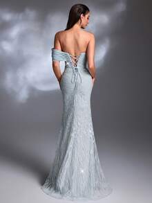 Đầm dạ hội/đầm cưới cao cấp, sang trọng, nhẹ nhàng, màu xanh khói mờ, đính sequin lấp lánh, xếp ly, trễ vai, chất liệu voan voan, thắt dây chéo, hở lưng, dáng đuôi cá. - Màu xanh nhạt - Xem 2