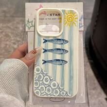 1pc TPU Material Summer Blue Striped Sunfish Print Phone Case, Compatible With IPhone 17 Pro Max/17/16 Pro Max/15/13/12/11, S20 FE/A15/S24/A55, Note 11/Note 12/Note 13 Pro, Full-Body Shockproof Soft Protective Cover - White - View 1