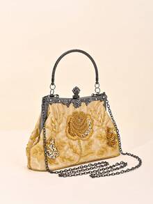 1件金色玫瑰刺绣串珠亮片花藤手柄设计装饰性1920年代复古魅力优雅晚宴手拿包，适合女士金色串珠包、派对、婚纱、舞会、正式场合、新年、情人节、母亲节、教师节礼物、旗袍包、金色包包 - 金色 - 查看 6