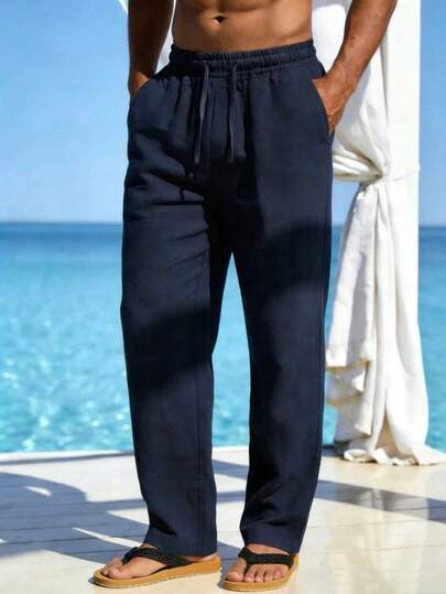 Men's Casual Solid Color Pocket Drawstring Loose Linen Pants, Navy Blue, Comfortable For Spring, Summer, Autumn And Winter