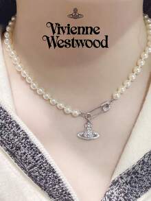 Vivienne Westwood 1PC Lucrece Collection Saturn Pin Pearl Necklace Silver, Brass, Rhinestone Embellished - Silver - View 4