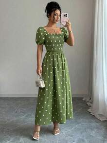 Elegant Printed Long Dress, Spring Style, Lined With Elastic, Short Puff Sleeves, Spring/Summer Fashion - Olive Green - View 2