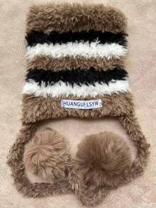 新款时尚百搭简约可爱猫耳条纹毛绒耳罩帽，带双绒球，适合秋冬季节佩戴 - 包包帽 - 查看 15