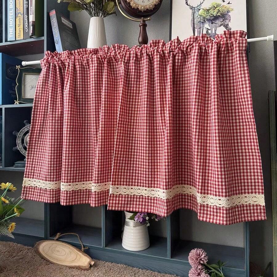 1pc Red Plaid Short Curtain, Retro Japanese Style Window Valance, Cabinet/Bathroom Small Window Curtain - Multicolor - View 1