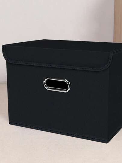 1个黑色布艺收纳盒，带盖，可折叠立方体收纳篮，带金属提手，适用于存放衣物、家居卧室衣柜、办公室、玩具、开学用品等，BK