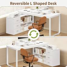 L-Shaped Computer Desk With 3 Drawers, Morden Reversible Home Office Corner Desk For Writing Study Work Executive, 55 Inch Bedroom Wood Table Workstation Desk, Walnut/ Black/ White - 白色 - 查看 4