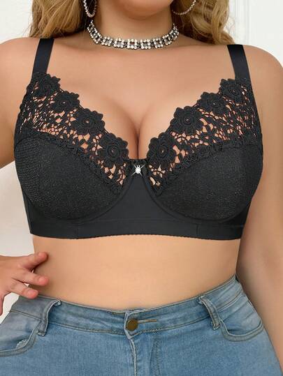 Women's Plus Size Black Lace Push Up Bra - Comfortable & Adjustable Straps Support