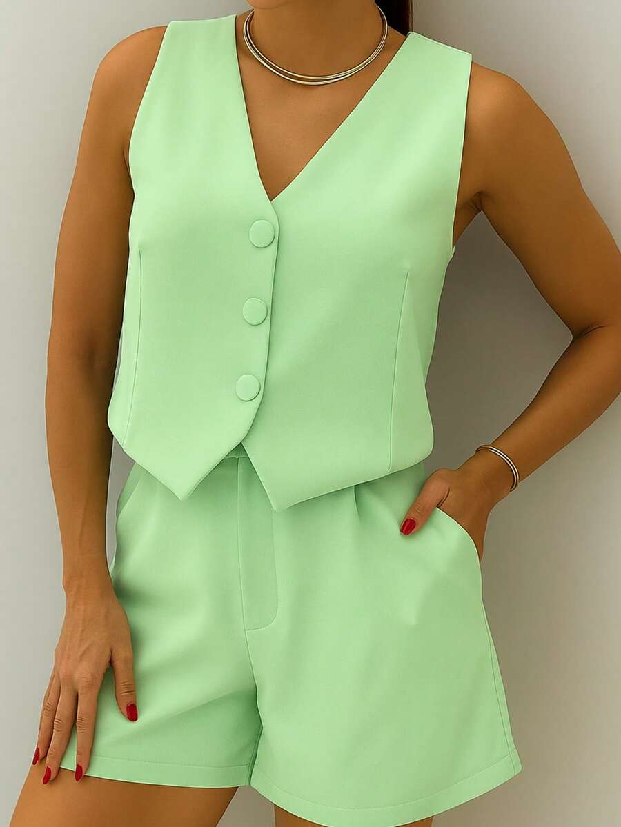 Women's Formal Set: Vest With Lined Buttons And Tailored Shorts - 淺綠色. - 查看 1