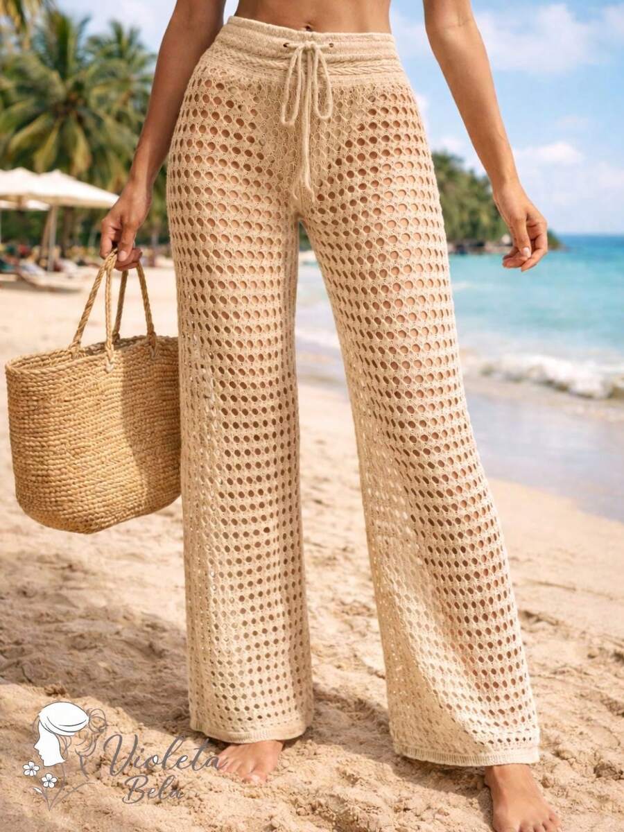 Premium High-Waisted Crochet Beach Cover-Up Pants - Summer 2026 - Beach Vacation - Kem - Xem 1