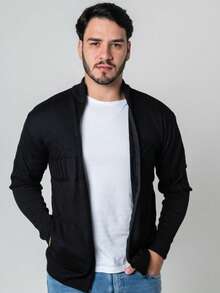 Men's Knitted Cardigan With Zipper And Pocket, Winter Sweater - 黑色 - 查看 2