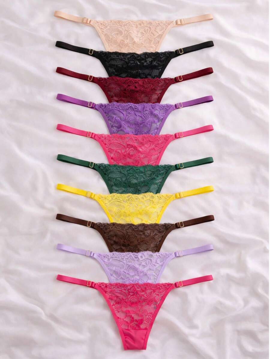 Set Of 10 Lace Panties With Adjustable Double Thong, Sensual Lace Lingerie, Women's Intimate Apparel, Wholesale - Nhiều màu - Xem 1