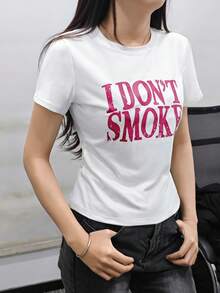 Women's Round Neck Short Sleeve T-Shirt American Hot Girl, Summer New Letter Print, Slim Fit Fashion Cropped Top - White - View 2