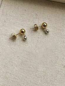 1 Pair Stainless Steel Waterproof Non-Fading Fashion Minimalist Dual-Tone Small & Large Ball Stud Earrings, Suitable For Daily Wear - Round Earrings - View 5