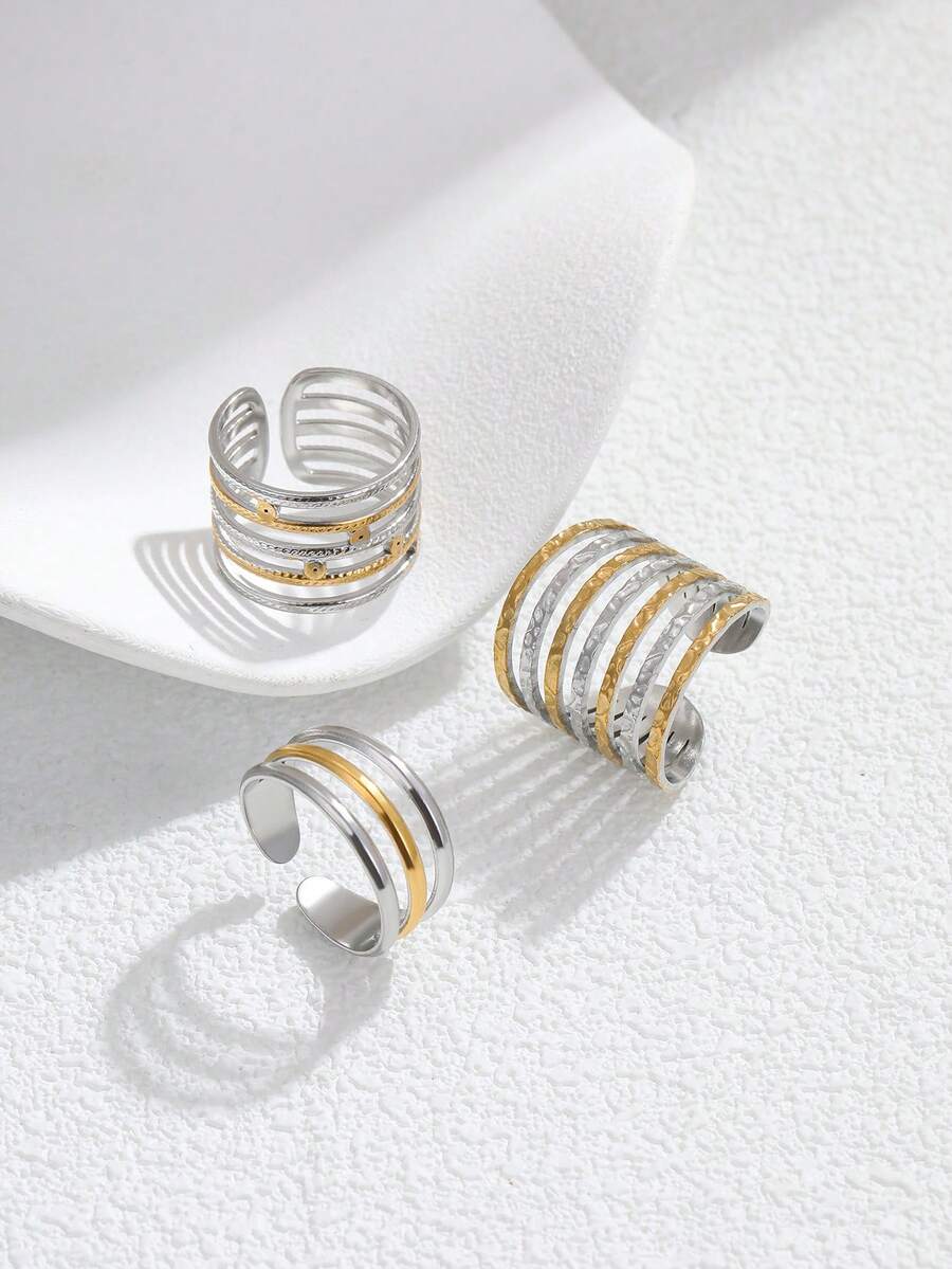 3pcs Stainless Steel Women's Fashion Minimalist 18k Gradient Gold Multi-Layer Ring Set, Suitable For Daily Wear Or Gift - Multicolor - View 1