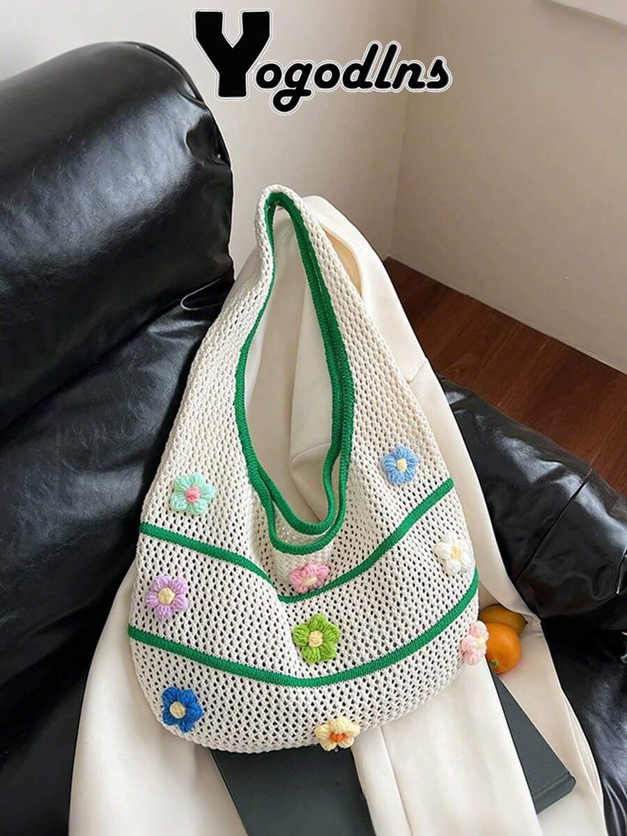 Yogodlns 女款時尚針織海灘包 大容量夏季托特包 3D花卉裝飾 休閒單肩手提包 旅行包 夏季慵懶風針織托特包 - 綠色 - 查看 1