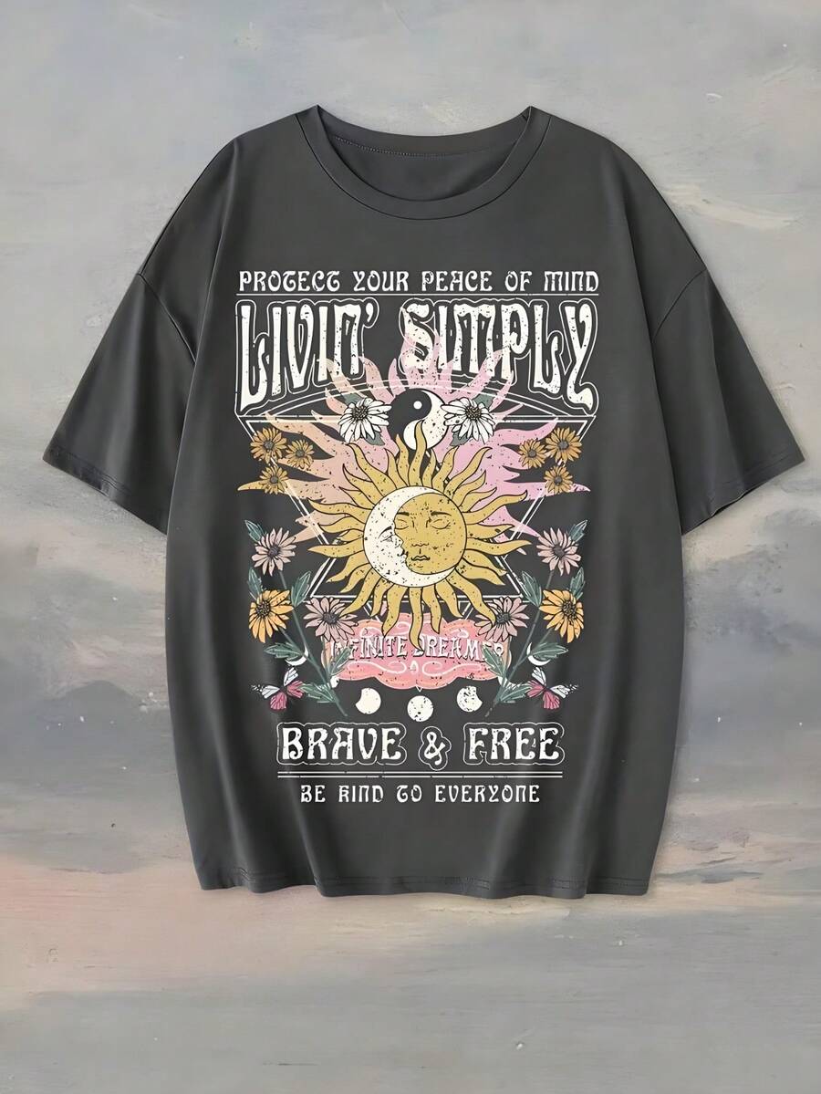 Dirty Wash T-Shirt Men Women Unisex Distressed Vintage "Sun" Rock Band Grunge Oversized Short Sleeve Top - 髒洗黑色02 - 查看 1