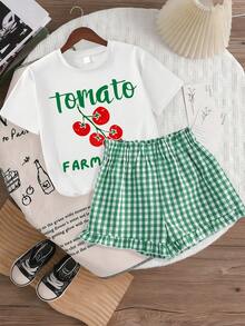 2pcs/Set Girls Cute Sweet Cherry Bow Pattern Outfit, Soft T-Shirt Paired With Plaid Sports Shorts, Summer 2 Pieces Set - Green - View 1