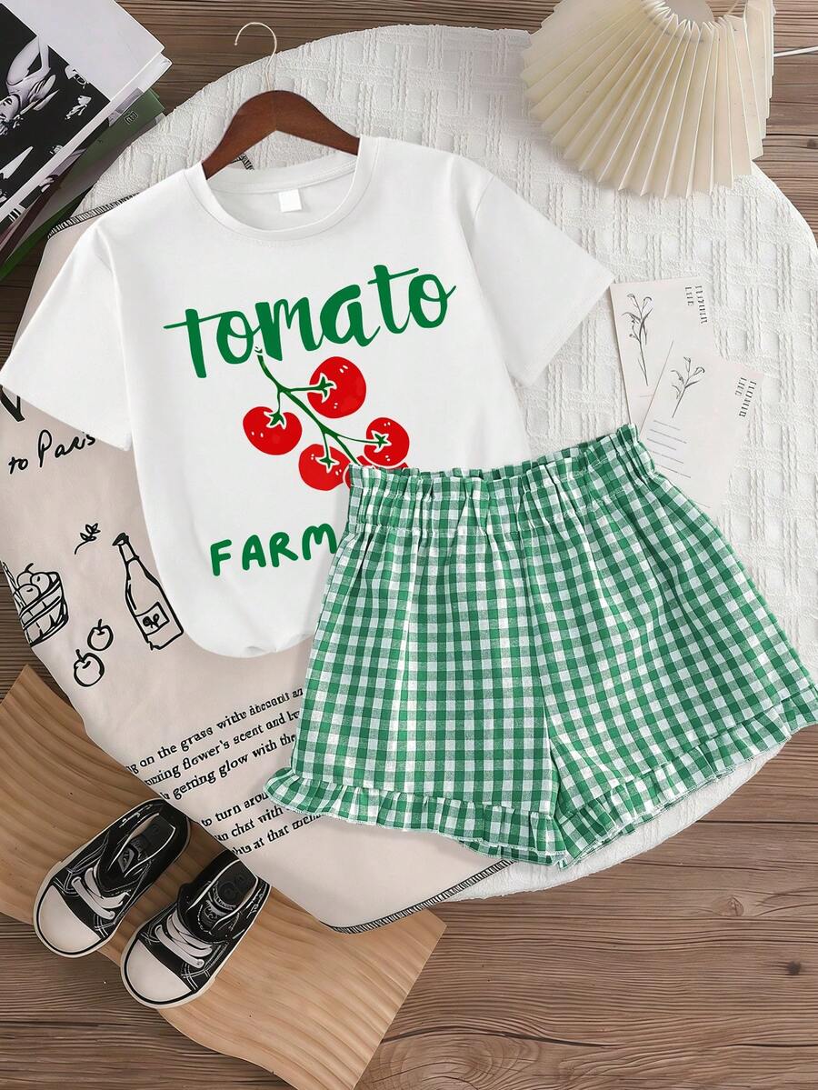 2pcs/Set Girls Cute Sweet Cherry Bow Pattern Outfit, Soft T-Shirt Paired With Plaid Sports Shorts, Summer 2 Pieces Set - Green - View 1