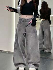 Jeans de mujer con diseño de salpicaduras lavadas con agua, de corte holgado y relajado, piernas anchas acampanadas y bajo con bajo caído, salpicaduras aleatorias - Gris - Ver 2