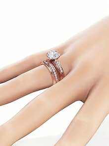 Conjunto de 2 anéis elegantes com zircônia cúbica para mulheres, ideal para presentear no Dia dos Namorados, em casamentos, aniversários e festas. - 1# - Ver 3