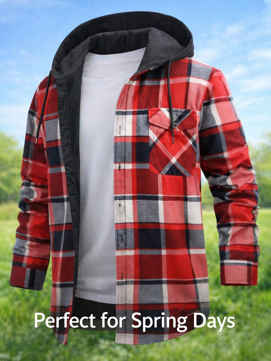 1pc Plaid Lined Hooded Button-Up Long Sleeve Casual Business Shirt, Warm For Men In Autumn/Winter