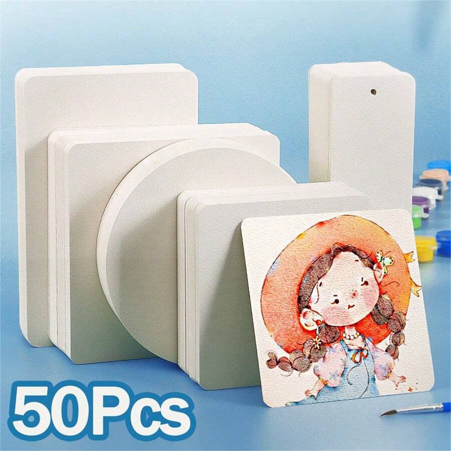 50Pcs 300g Blank Single Side Watercolor Paper Cards Portable Postcard Square Round For Painting School Student Art Supplies - Single-sided - View 1