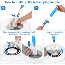 Spin Mop And Bucket,Mop And Bucket With Wringer Set For Home,360 Spinning Mopping Floor Cleaning Tool With 3 Microfiber Replacement Head Refills,61" Extended Handle, 2X Wheel - Blue/Black - Blue - 查看 9