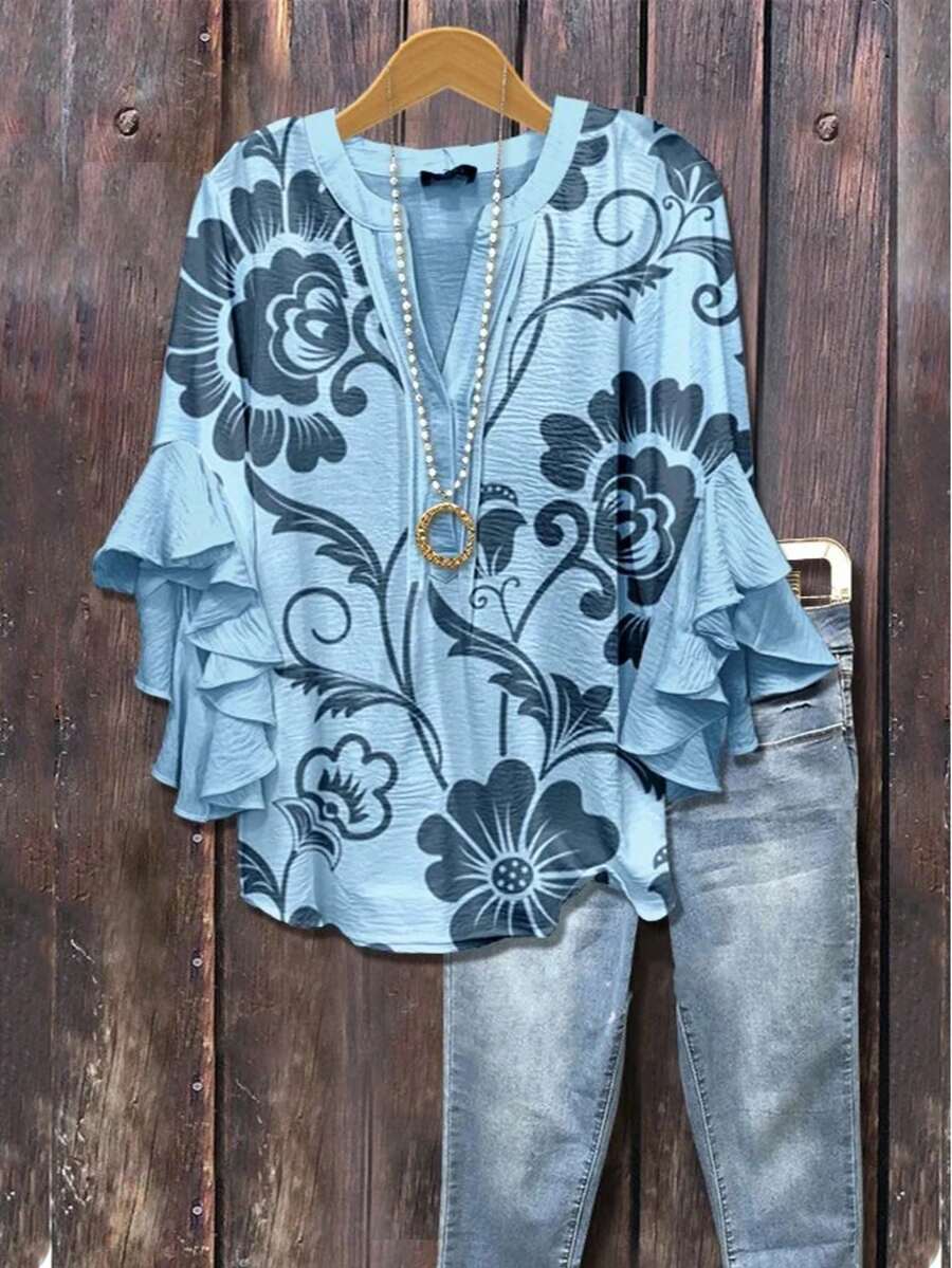 Women's Leopard & Floral Print Ruffle Sleeve Blouse - V-Neck Button- Shirt With Ruffled Hem-Like Collar, 7/8 Length Non-Stretch Top For Spring Summer Fall, Casual & Dressy Wear (Leopard & Botanical Patterns) - Hand Wash/Dry Clean - Dusty Blue - View 1