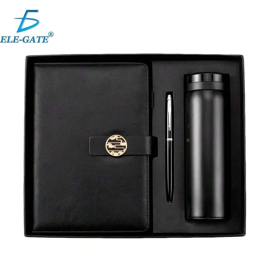 Set de Regalo Negro de Oficina con Cuaderno de Piel, Bolígrafo Metálico y Taza Térmica 304 - A5 - Ver 1
