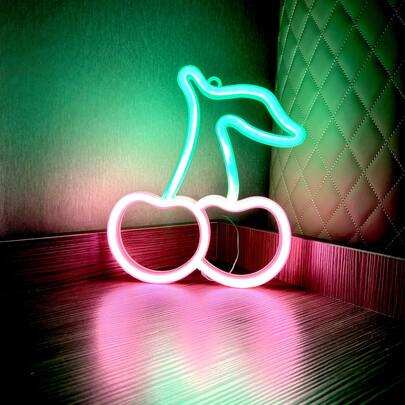 1pc Cherry Neon Light Home Wall Decor Lamp, USB Or Battery Powered, Cherry Size 22.3x19cm/8.77x7.48in, Suitable For Home, Birthday Party, Bedroom, Room, Bar, Camping, Game Room, Proposal, Wedding Anniversary, Valentine's Day, Children's Day, Mother's Day, Christmas And Other Holidays