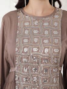 2026 New Style Ramadan Traditional Elegant Embroidered Beaded Abaya Dress, Long Sleeve Round Neck Luxury Creative Fashion - Coffee Brown - View 3