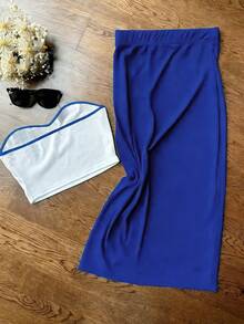 UREREM Summer Sexy Fitted Open Shoulder Strapless Top Paired With Bodycon Skirt Set, Knit Fabric 180G Elegant - Royal Blue Clashes With White - View 2