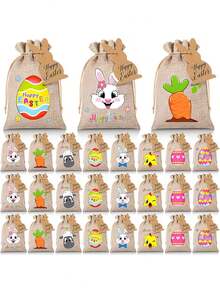 12/6/1pc 13*18cm Easter Gift Bags Printed With Colorful Bunnies, Carrots And Eggs Patterns, Bunny Cards, Drawstring Pouches, Candy Cookie Packaging, Party Favors, Suitable For Spring Theme Parties, Birthday Parties - Multicolor - View 3
