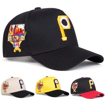 1pc Men's P Letter Truck Driver Cap, Embroidered Baseball Hat, Streetwear Fashion 5-Panel Cap, Outdoor Sun Protection Casual Hat For Spring, Autumn, Travel, Beach