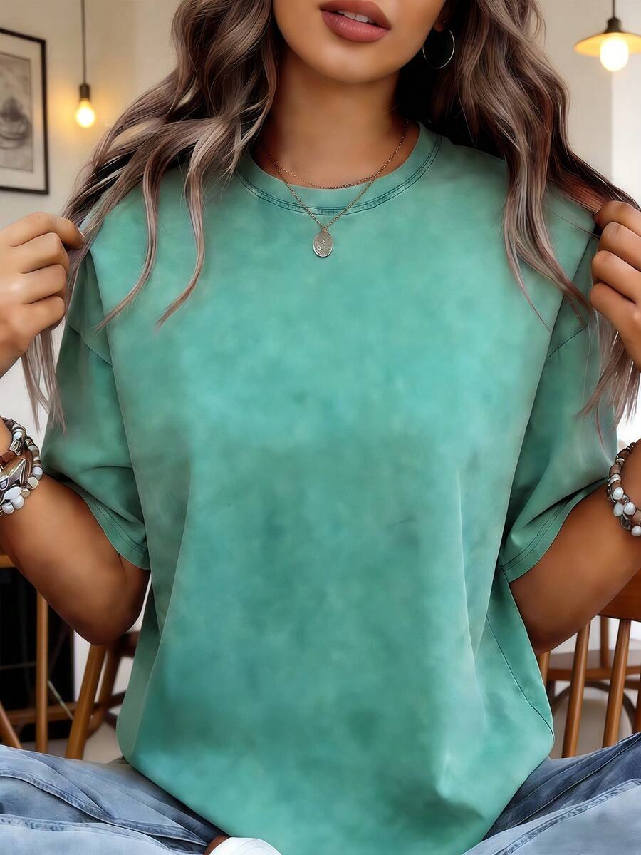 The Clothing Size Is Slightly Larger, And It Is Recommended To Reduce Two Sizes Based On Daily Wear. New Heavy Cotton T-Shirt, American Retro Vintage Washed Distressed Charcoal Solid Color Crew Neck Top, Lazy Oversize Unisex Style Clothing - 薄荷綠 - 查看 1
