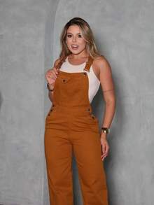 Women's High-Waisted Denim Jumpsuit, Straight Leg, Twill Fabric - Lạc đà - Xem 4