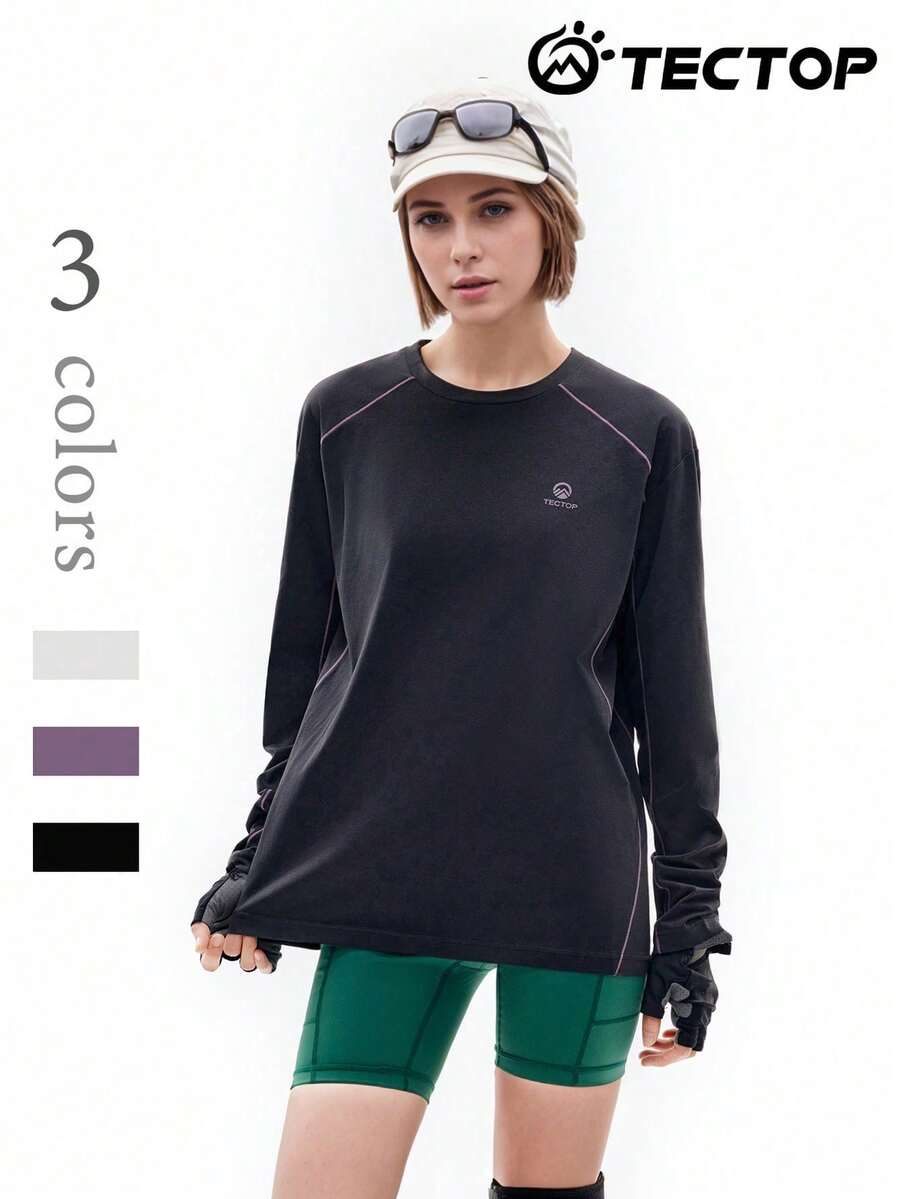 TECTOP Women's Long Sleeve T-Shirt, Casual Sports Fitness Running Essential, Round Neck, Breathable Moisture-Wicking, Spring/Summer - Black - View 1