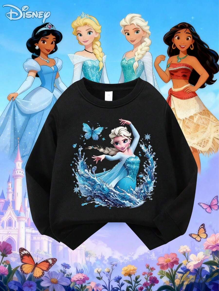 Disney Kids Sweatshirt Unisex For Ages 1-14 High-Visual Appeal Printed Design El Sa From Frozen Black 100% Polyester Ultra Comfortable Super Soft Relaxed Fit Everyday Stylish Essential Limited Edition New Arrival High Recognition Rate Stylish Express Delivery - 黑色 - 查看 1