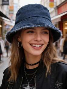 1顶男女通用水洗牛仔布渔夫帽，可折叠帽檐做旧防晒帽，旅行户外夏季帽 - 多色 - 查看 11