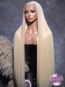 24英寸真人发蕾丝前假发，200%密度直发蕾丝前假发，混合发质，预修剪13x4高清蕾丝前片，漂白发结，预拔毛无缝闭合，#613金色蕾丝前假发（女士款） - S613 - 查看 1