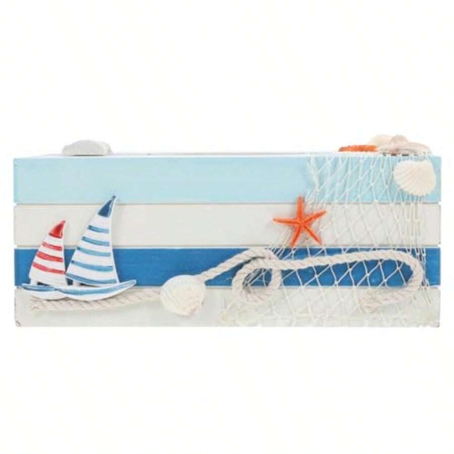 Mediterranean Wooden Tissue Box Holder - Nautical Decorative Storage Box With Striped Lighthouse Sailboat Design For Home Desktop - Picture 1 - View 1