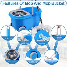Spin Mop And Bucket,Mop And Bucket With Wringer Set For Home,360 Spinning Mopping Floor Cleaning Tool With 3 Microfiber Replacement Head Refills,61" Extended Handle, 2X Wheel - Blue/Black - Blue - 查看 4
