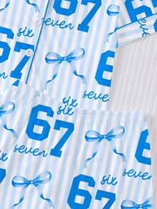 2pcs/Set Pink Striped Children's Pajamas, Featuring A Collared Shirt With Short Sleeves And Elastic Waist Shorts With Ruffle Hem Design, Adorned With Sweet Six Seven 67 Theme And Bow Print Pattern, Comfortable Loungewear/Sleepwear - Blue - View 8