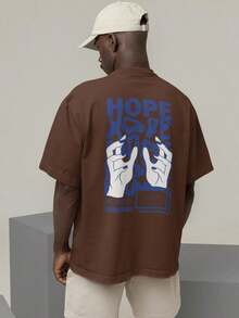 Oversized T-Shirt, High Neck, Streetwear, 100% Cotton, Urban Style, Casual Workout, Black, Off-White And Brown, Printed, Large Fit - 鏽棕色 - 查看 1