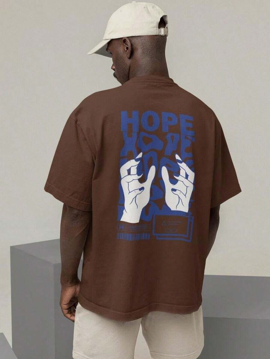 Oversized T-Shirt, High Neck, Streetwear, 100% Cotton, Urban Style, Casual Workout, Black, Off-White And Brown, Printed, Large Fit - 鏽棕色 - 查看 1