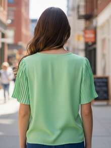 Blusa  manga corta cuello redondo dama mujer ligero suave recto amplio cómodo fresco calor día noche vacaciones playa jardín diario cumpleaños - Verde Lima - Ver 2