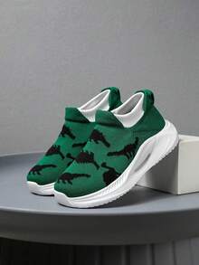 1 Pair Kids Sneakers, Knitted Cartoon Pattern Socks Shoes, Easy To Wear, Lightweight Breathable Running Shoes, Fashionable Mesh Design For Students - Green - View 3