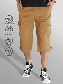 KEFITEVD Mens 3/4 Length Cargo Work Pants Cotton Twill Outdoor Hiking Shorts Ripstop Pants - Khaki - View 4