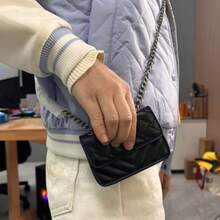 2025 Women's Mini Crossbody Bag With V-Stitch Embroidery & Chunky Chain Strap, Shiny Evening Purse For Party & Formal Events Timeless Elegance In Two Textures - Black - View 4