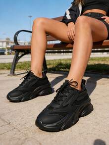 Women's Breathable Flat Sneakers Fashion Chunky Lace-Up Casual Comfortable Platform Sneakers Workout Sport Running Walking Tennis Shoes - màu đen - Xem 3